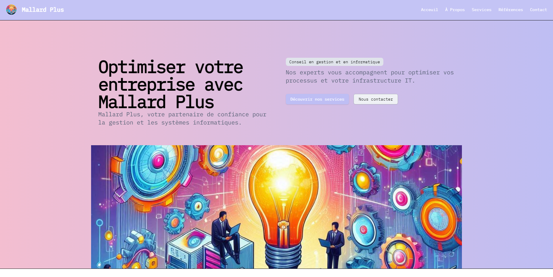 Capture d'écran du projet Mallard Plus - Business services website with company profile and client information